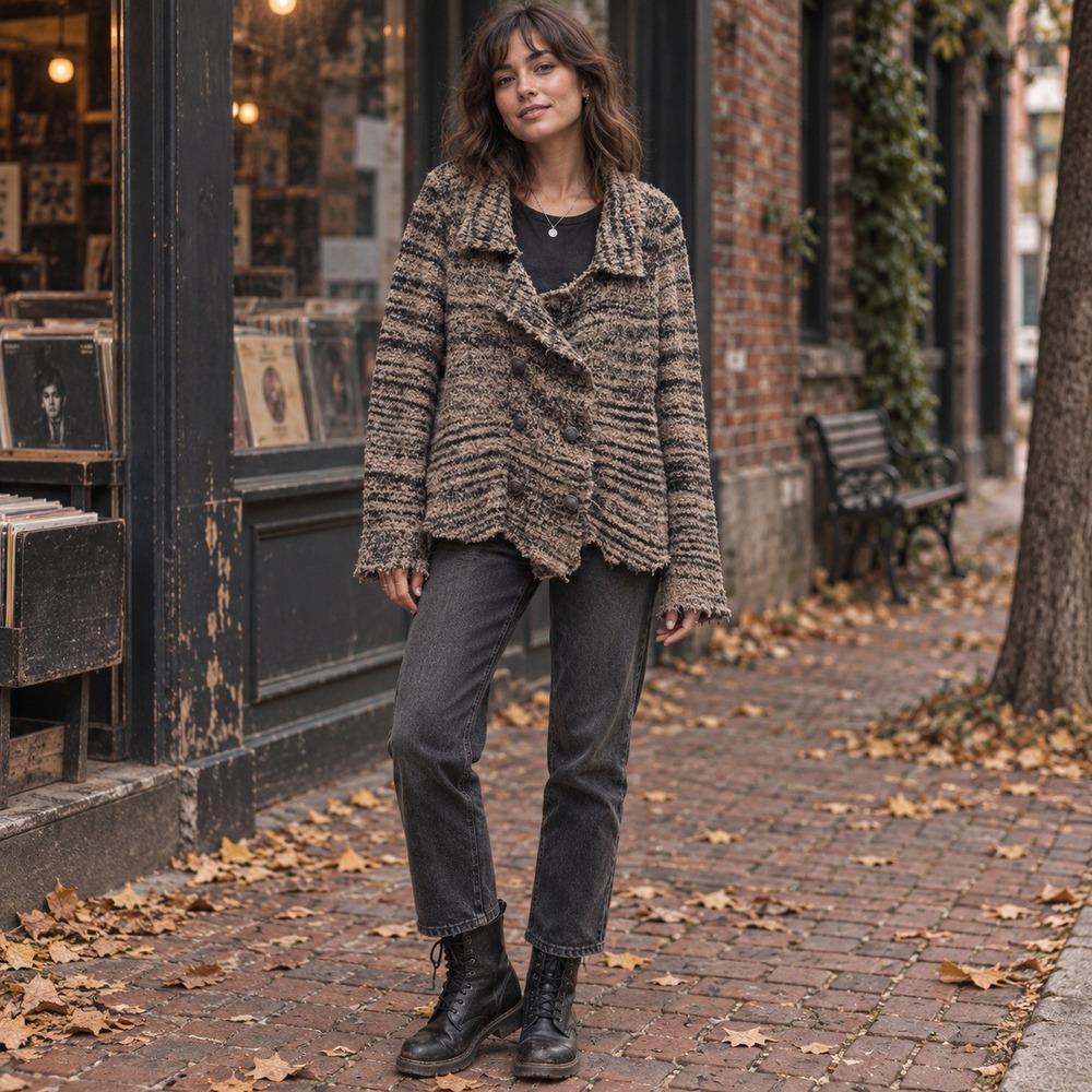 Free People Womens L Boucle Sweater Blazer Chunky Wool Blend Boho Indie Grunge